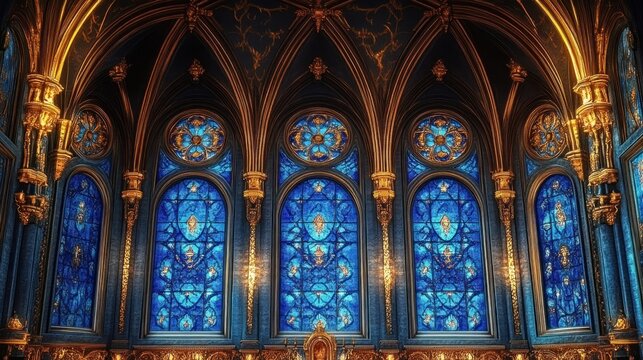 Majestic gothic chapel interior with five tall blue stained glass windows, gilded arches and columns, ornate vaulted ceiling and altar evoking serene reverence and awe - Powered by Adobe