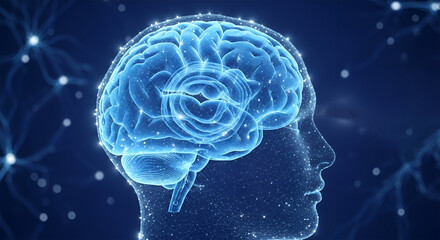 Digital illustration of a human head silhouette with a glowing brain inside, surrounded by neural networks and connections.