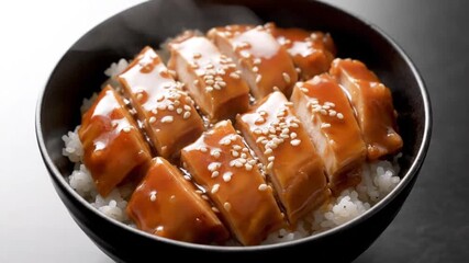 Delicious glazed chicken sushi bowls with sesame seeds served in black bowls