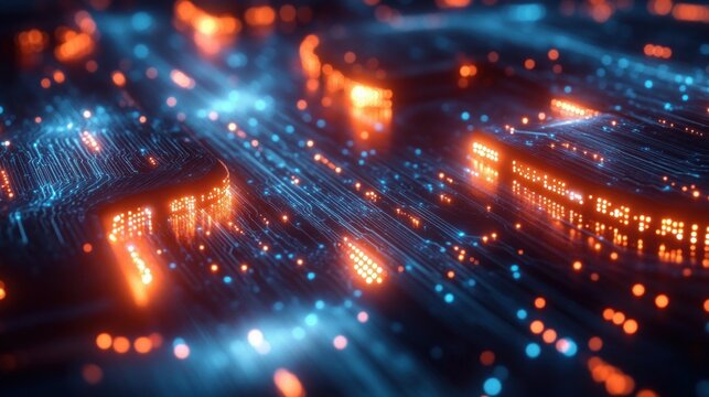 futuristic glowing circuit board with blue data traces, orange LED-like nodes and stacked chip components conveying dynamic high-tech energy and vibrant intensity