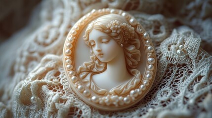 ornate vintage cameo brooch with pearl border resting on delicate lace fabric, carved female profile and floral hair detail in warm soft light evoking nostalgic romantic elegance