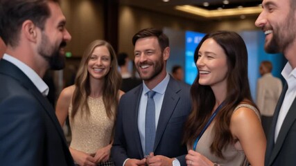 Professional networking event featuring smiling individuals in business attire - Powered by Adobe