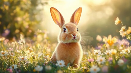 fluffy brown rabbit sitting in a sunlit wildflower meadow surrounded by daisies and warm golden light, calm and curious expression