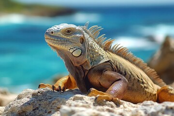 large iguana resting and basking on a sunlit rocky shore with turquoise ocean waves in the background, calm and watchful expression