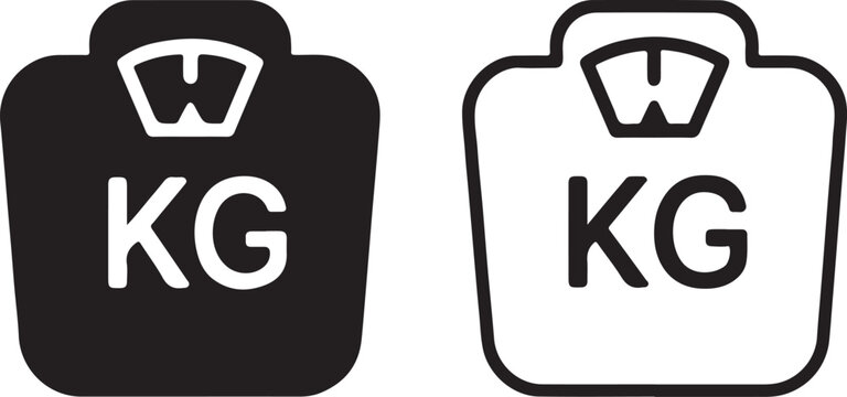 Bathroom scales icon set, solid black and outline versions with 'kg' unit, symbolizing weight measurement, health, fitness, and diet progress isolated on white background, Vector