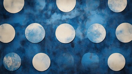 rows of faded cream circles on a mottled blue textured background, minimalist geometric pattern with a calm weathered rhythmic feel