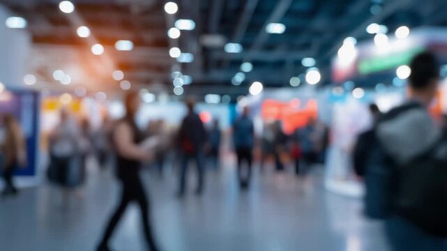 Dynamic blurred background of people walking at a vibrant trade show or exhibition event