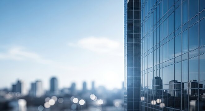 A modern glass skyscraper with a cityscape in the background.