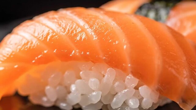 Close-up of fresh salmon nigiri sushi with glossy orange fish slices on rice