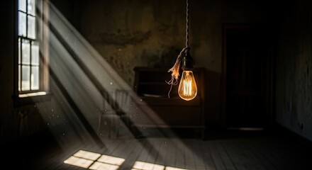 A dimly lit room with a hanging light bulb casting a warm glow, a piano in the background, and a window letting in natural light.