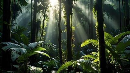 A dense rainforest with sunlight filtering through the trees