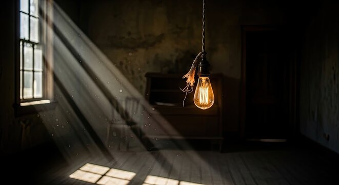 A dimly lit room with a hanging light bulb casting a warm glow, a piano in the background, and a window letting in natural light. - Powered by Adobe