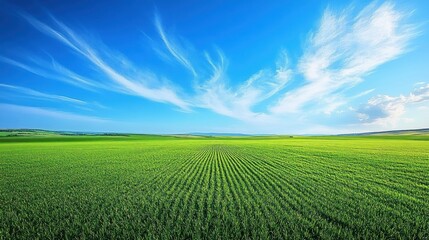 Naklejka premium Expansive green crop field with neat parallel rows stretching to a distant low horizon of rolling hills under a bright blue sky streaked with wispy white clouds, evoking calm and openness