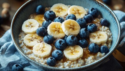 Cozy bowl of creamy oatmeal topped with banana slices, plump blueberries and honey drizzle in a ceramic bowl on a wooden table with a blue napkin and spoon, inviting breakfast
