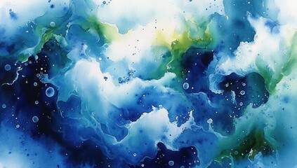abstract oceanic watercolor of swirling blue and green waves with white foam droplets and a gentle dreamy tranquility