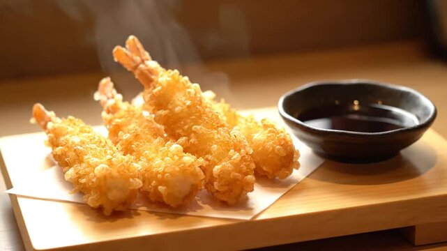 Crispy tempura shrimp with dipping sauce served on a wooden platter in a cozy