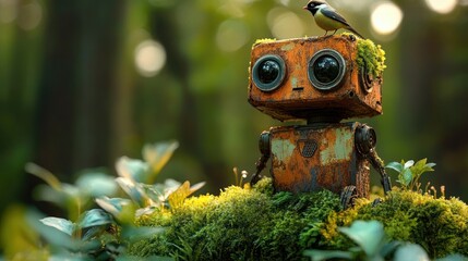 rusty moss covered robot with large round eyes sits on a green forest mound while a small bird perches on its head, evoking gentle wonder and peaceful curiosity
