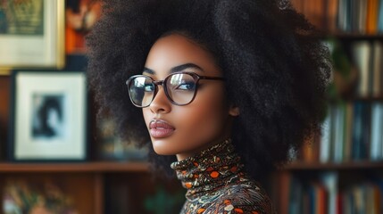 Portrait of a thoughtful person with voluminous afro hair wearing glasses and a patterned high-neck top in a warm home library setting