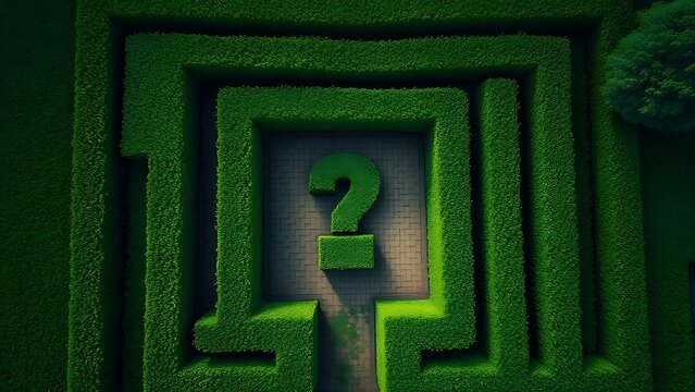 stammer. Aerial view of a hedge maze shaped like a question mark with a light symbol at its end. travel magazines, destination branding, designed for outdoor magazines and nature guides.