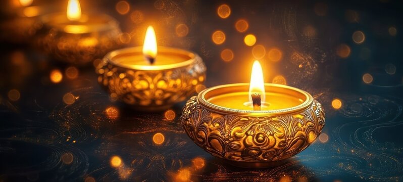 Three ornate golden candle holders with flickering flames on a reflective patterned surface, warm bokeh lights and a peaceful meditative glow