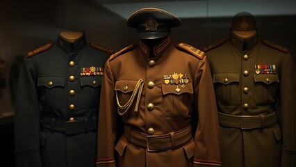 effacement. A faded historical military uniform and insignia displayed in a muted, solemn archive setting. event programs, museum guides, designed for cultural heritage projects and event programs.