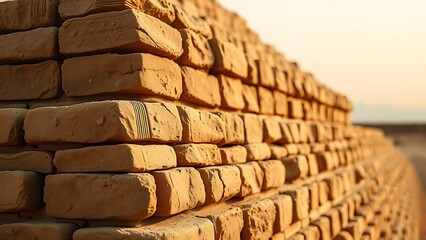 ziggurat. Ancient Mesopotamian mud-brick ziggurat structure, weathered surface in warm desert light. real-estate listings.