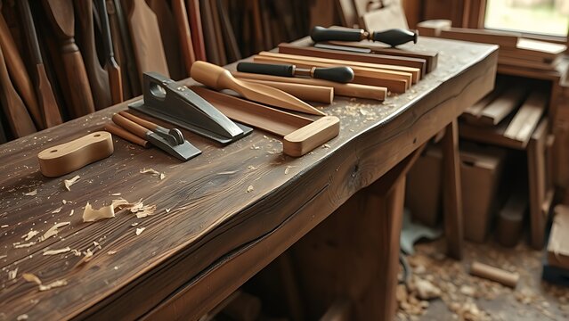 thyristor. Aged wooden workbench with neatly arranged traditional carpentry tools and wood shavings. safety posters.