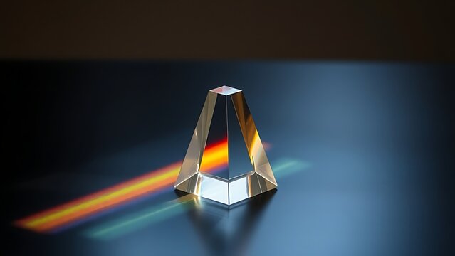 rockwell. Clear glass prism refracting rainbow light spectrum on dark surface. STEM education sheets, lab safety posters, designed for biotech research communications, used by data analysts.