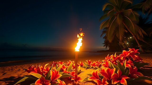 cryptogram. Tropical flowers and a flickering torch on a night beach. lifestyle magazines, social media lookbooks, designed for influencer and brand collaborations, drives engagement.