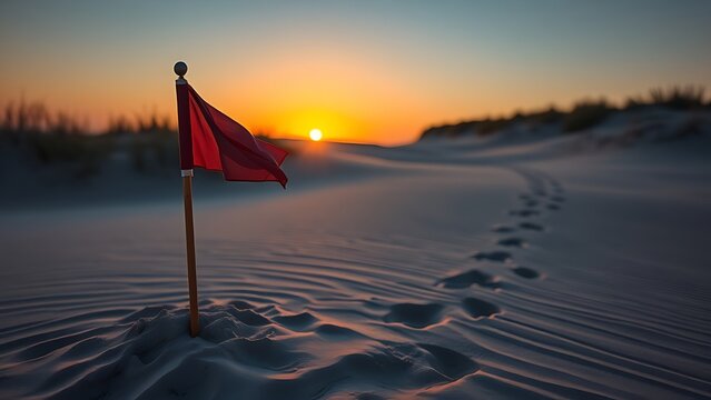 sedition. Broken flagpole in sandy ground with retreating footprints, sunset symbolic of surrender. inspiring travel planning.
