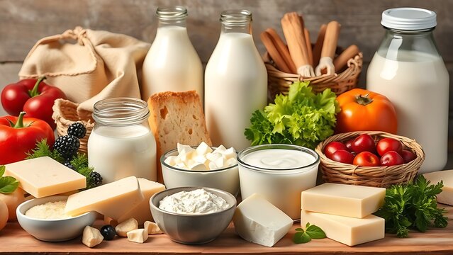 persulfide. Assortment of fresh dairy products arranged in beautiful showcase. menu design, packaging mockups, designed for culinary blogs and recipe cards for restaurants.