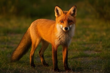 Red Fox Standing Alert in Sunlit Meadow