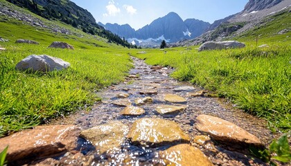 A clear mountain stream flows over stones through a vibrant green meadow. In the distance, rugged, snow-capped mountain peaks rise against a bright blue sky.