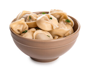 Bowl of delicious boiled dumplings with parsley and green onion on white background