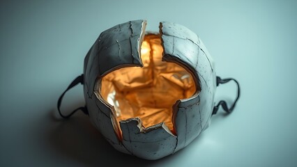 plasm. A broken ceramic mask reveals a metallic surface beneath, symbolic contrast in studio lighting. event programs, museum guides, designed for cultural heritage projects and event programs.