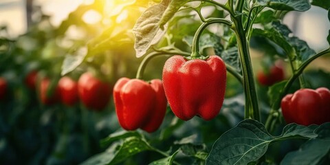 Ripe red bell peppers glistening with morning dew on green plants in a sunlit greenhouse, conveying freshness and abundance