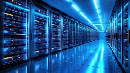 Long glowing blue server room corridor with rows of illuminated server racks and reflective floor conveying a futuristic, high-tech, sterile atmosphere