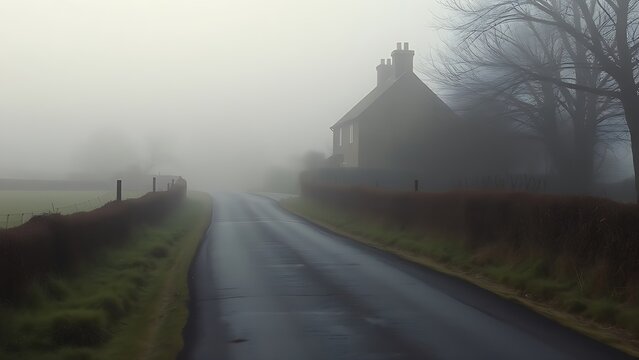 enthalpy. Misty country lane leading to a distant stone cottage. lifestyle magazines, social media lookbooks, designed for influencer and brand collaborations, used by SEO specialists.