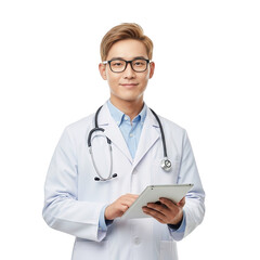 Portrait of a young asian doctor using a tablet with a stethoscope on