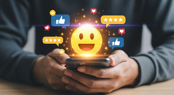 Boost your brand with stellar reviews and positive feedback! See customer love and social media engagement on a phone screen for a thriving online presence - Powered by Adobe