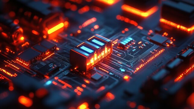Close-up of a glowing circuit board with microchips, illuminated components and neon orange and blue traces conveying a futuristic, energetic high-tech pulse