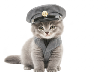 A cute gray kitten wearing a stylish police officer hat and uniform. posing confidently against a plain white background. perfect for pet-themed marketing or social media content