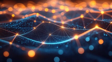 glowing orange nodes and blue digital mesh forming undulating data waves, a futuristic connected landscape evoking wonder and dynamic energy