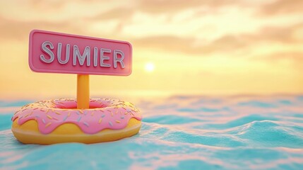 pink frosted doughnut inflatable with sprinkles and a sign reading SUMIER drifting on turquoise water at golden sunset, whimsical relaxed summer mood