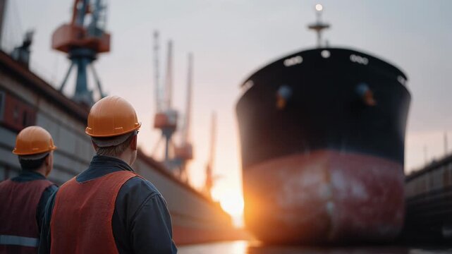 Workers observing a large ship in a dry dock at sunset, showcasing maritime industry and teamwork