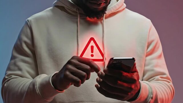 Man using phone with warning sign, digital security risk concept.