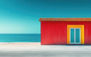 red beach cabin with yellow framed doorway and terracotta tiled roof beside turquoise sea and sandy shore, calm serene minimalist seaside scene