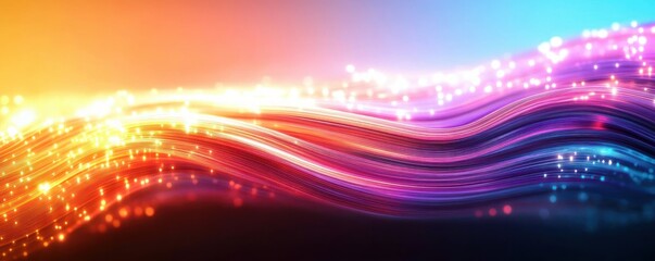 Vibrant multicolored flowing light ribbons and glowing particles over a dark gradient background conveying motion and energy