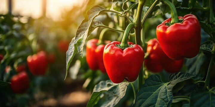 Vibrant ripe red bell peppers hanging on green plants in warm golden sunlight, evoking freshness and abundance