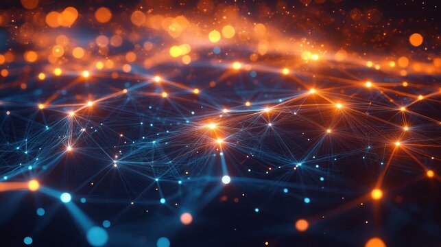 Glowing blue and orange network of interconnected nodes and filament lines with floating bokeh lights and particle sparks, evoking dynamic futuristic connectivity and energetic motion